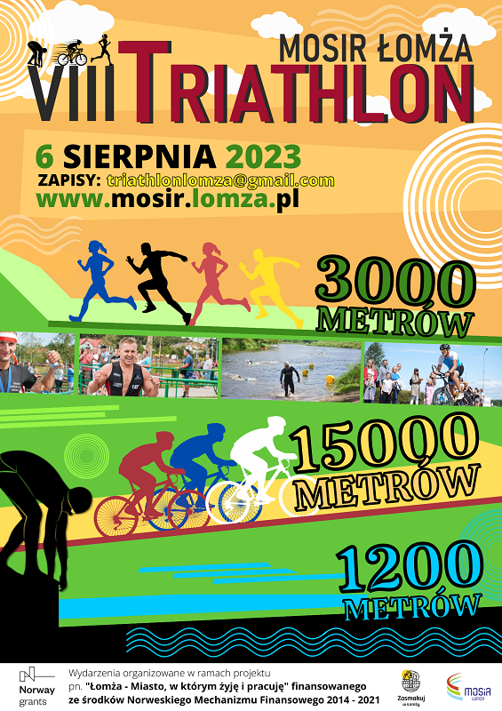 Plakat zachęcający do udziału w triathlonie MOSiR Łomża 6.08.2023, grafika kolarze, biegacze, pływak